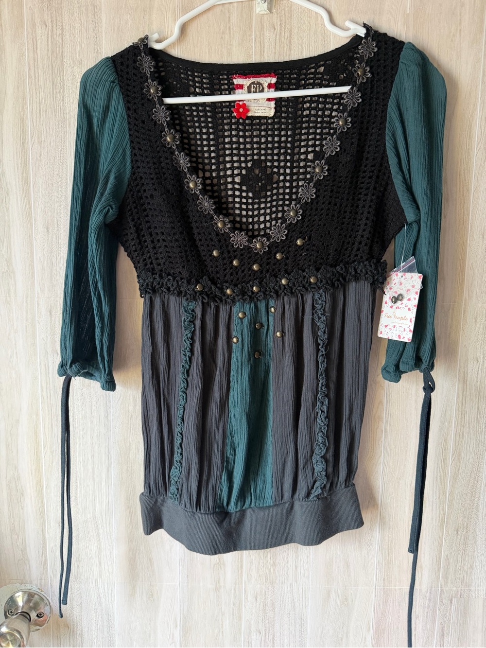 Free People Black Crochet Bodice Tunic with Teal and Dark Gray Panels